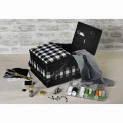 Monochrome Gingham Twin-Lidded Wicker Hamper Sewing Box - Large -Singer Store MRLTHB 622 LS png