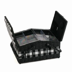 Monochrome Gingham Twin-Lidded Wicker Hamper Sewing Box - Large -Singer Store MRLTHB 622 OPN png
